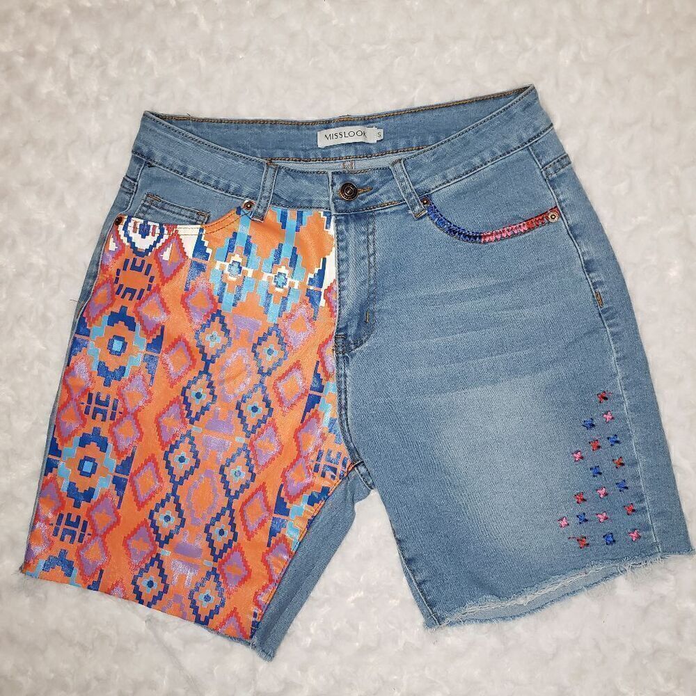 Miss Look size small aztec print embroidered 7" denim jean festival boho shorts